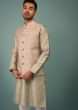 Kalki Celadon Tint Green Bandi Jacket Set In Silk With Pink & White Cross Stitch Embroidery