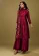 Kalki Deep Claret Red Palazzo Suit In Gajji Silk With A Beautiful Velvet Floral Embroidered Dupatta