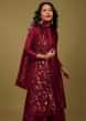 Kalki Deep Claret Red Palazzo Suit In Gajji Silk With A Beautiful Velvet Floral Embroidered Dupatta