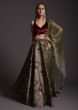 Laurel Green Floral Satin Skirt And Burgundy Velvet Crop Top With Moti Highlights And Embellished Belt 