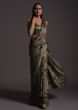 Laurel Green Ready Pleated Saree In Milano Satin With Floral Print And Sequin Frill On The Hem  