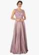 Lavender satin gown with sheer net yoke at the waist