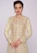 Lime green raw silk embroidered jacket suit with silk pants