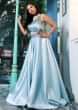 Megha Bajaj in kalki Ice blue gown in satin with sequin and cut dana embroidered bodice 