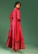 Magenta And Red Anarkali Suit In Raw Silk With Bandhani Design And Zardosi Embellished Neckline  