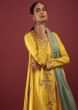 Maize Yellow A Line Suit With Zardosi Embroidered Bird Motifs And Neptune Green Dupatta