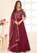 Maroon Anarkali Suit In Raw Silk With Cold Shoulder In Zari And Kundan Embroidered Online - Kalki Fashion