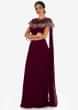 Maroon saree gown in net with a fancy cape adorn in zardosi and moti embroidered work only on Kalki