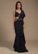 Midnight Blue Ready Pleated Ruffle Saree And Sequins Blouse With Front Cut Out  
