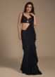 Midnight Blue Ready Pleated Ruffle Saree And Sequins Blouse With Front Cut Out  