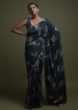 Midnight Teal Saree In Silk Blend With Weaved Floral Motifs In Repeat Pattern