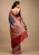 Midnight Blue Saree In Georgette With Contrasting Red Border And Woven Floral Jaal Work