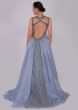 Mineral alloy blue A line embroidered net gown with organza and net back kali with trail 
