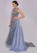 Mineral alloy blue A line embroidered net gown with organza and net back kali with trail 
