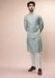 Mint Nehru Jacket And Kurta Set With Resham And Mirror Embroidered Tribal Buttis