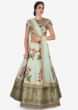 Mint blue lehenga in raw silk with floral print and resham embroidery only on Kalki