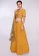 Mustard net embroidered lehenga and blouse with contrasting green net dupatta