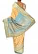 Mustard saree featuring in weaved butti and gotta border only on Kalki