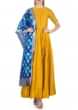 Mustard Cotton Silk Top with Kundan Embroidery and Royal Blue Brocade Silk Dupatta only on Kalki