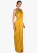 Mustard Ready Pleated Saree With A High Neck Blouse Embellished In Resham And Moti Work Online - Kalki Fashion