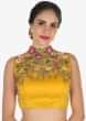 Mustard Ready Pleated Saree With A High Neck Blouse Embellished In Resham And Moti Work Online - Kalki Fashion
