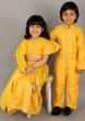 Kalki Boys Mustard Yellow Bandhgala Set In Cotton Silk With Zari Piping