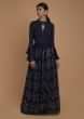 Navy Blue Indowestern suit With Abla Work In Chevron Pattern And Bell Sleeves  
