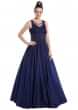 Navy blue net and dupion silk gown with 3D flower, resham and stones only on Kalki