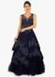 Navy blue raw silk gown in multiple layer