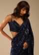 Navy Blue Saree Embellished In Sequins And A Cut Dana Embellished Velvet Blouse With Double Spaghetti Straps  