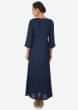 Navy blue dress adorn in embroidered butti and gathers only on Kalki