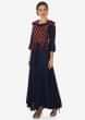 Navy blue long dress in cotton with navy blue printed top in fancy tassel only on Kalki