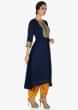 Navy blue A line suit with zari embroidered placket and mustard dhoti pants only on Kalki