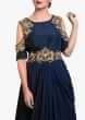 Navy blue cold shoulder indo western gown with embroidered armhole and waist line 