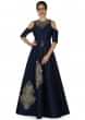 Navy blue gown in cold shoulder with flower vase motif embroidery only on Kalki