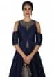 Navy blue gown in cold shoulder with flower vase motif embroidery only on Kalki