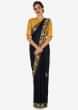 Navy blue saree with mustard blouse carved in heavy cut dana embroidery work