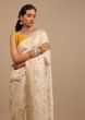 Off White Saree In Dola Silk With Woven Floral Jaal And Moroccan Weave On The Pallu