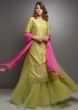 Olive green gota jaal embroidered suit with net skirt and rani pink dupatta