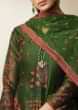 Olive green unstitched suit in cotton with floral butti and printed neckline