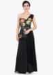 Black Jumpsuit With Floral Print,Peplum Style And One Shoulder Neckline Online - Kalki Fashion