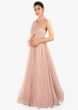 One shoulder pink net gown with rushing