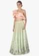One shoulder ruffled peach crop top paired with Pista green net skirt in 3 D flowers