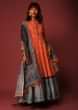 Orange Anarkali Suit In Silk With Bandhani Jaal And Contrasting Grey And Blue Border With Ethnic Print  