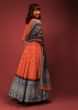Orange Anarkali Suit In Silk With Bandhani Jaal And Contrasting Grey And Blue Border With Ethnic Print  