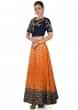 Orange Brocade Skirt and Navy Blue Raw Silk Blouse with Resham Floral Motifs only on Kalki
