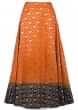 Orange Brocade Skirt and Navy Blue Raw Silk Blouse with Resham Floral Motifs only on Kalki