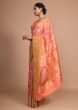 Peach art handloom Saree In Silk With Weaved Floral Jaal And Colorful Floral Border