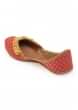 Peach Polka Dots Print Juttis In Silk With Ghungroo Embellishment And Leather Underlining