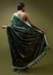 Pine Green Saree In Satin With Floral Print And Mint Sequins Blouse With Halter Neckline
